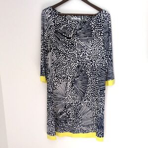 Laura Jeffries Dress Size 16 Sheath Stretch BK6M6466 Navy/White/Yellow Abstract